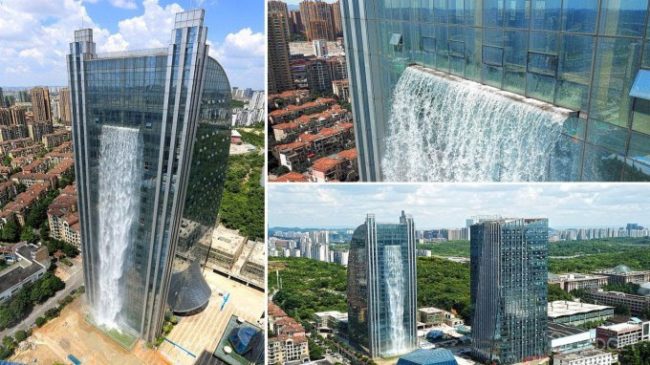 Китайский небоскреб превратили в 100-метровый водопад (5 фото + видео)
