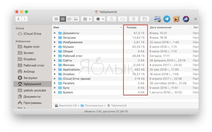 Размер папок в Finder на Mac