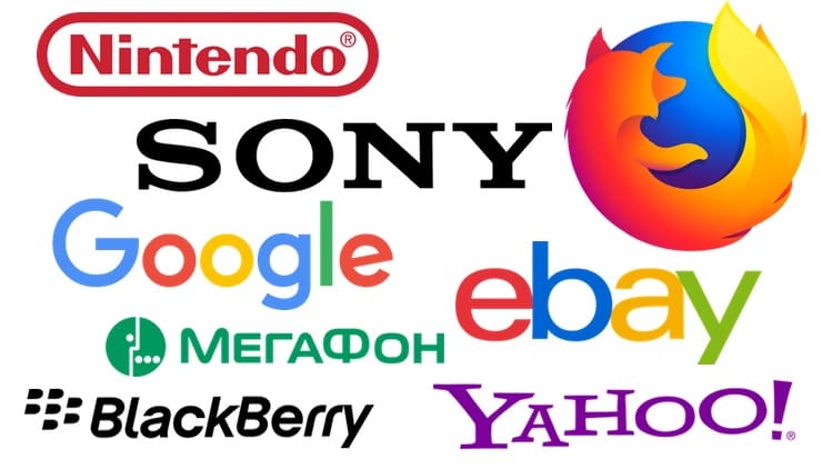 первые названия компаний Sony, Google, Ebay, Nintendo, Мегафон, Firefox и др