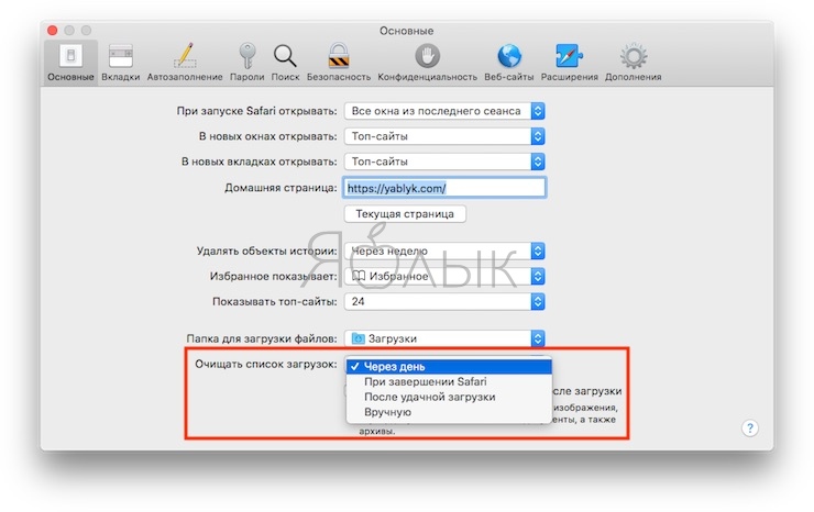 Как автоматически очищать список загрузок в Safari на Mac (macOS)