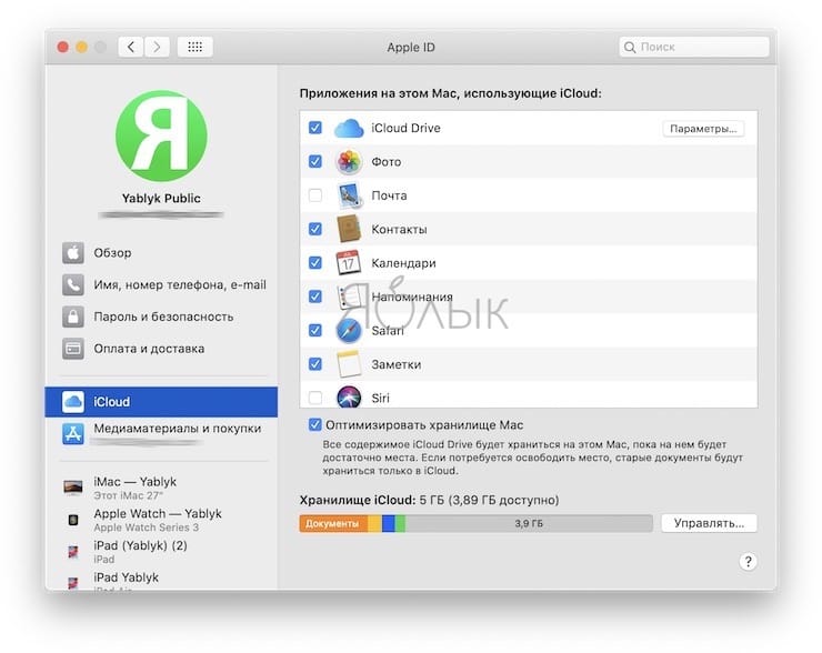 Раздел Apple ID в macOS