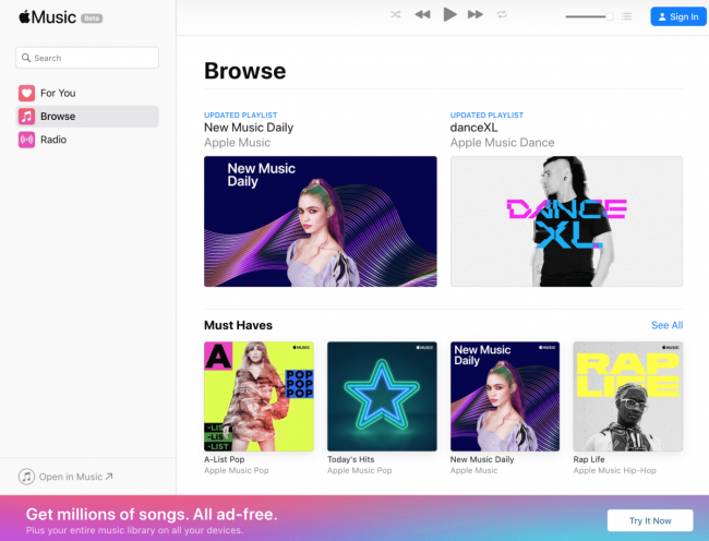 Apple Music теперь можно слушать через браузере