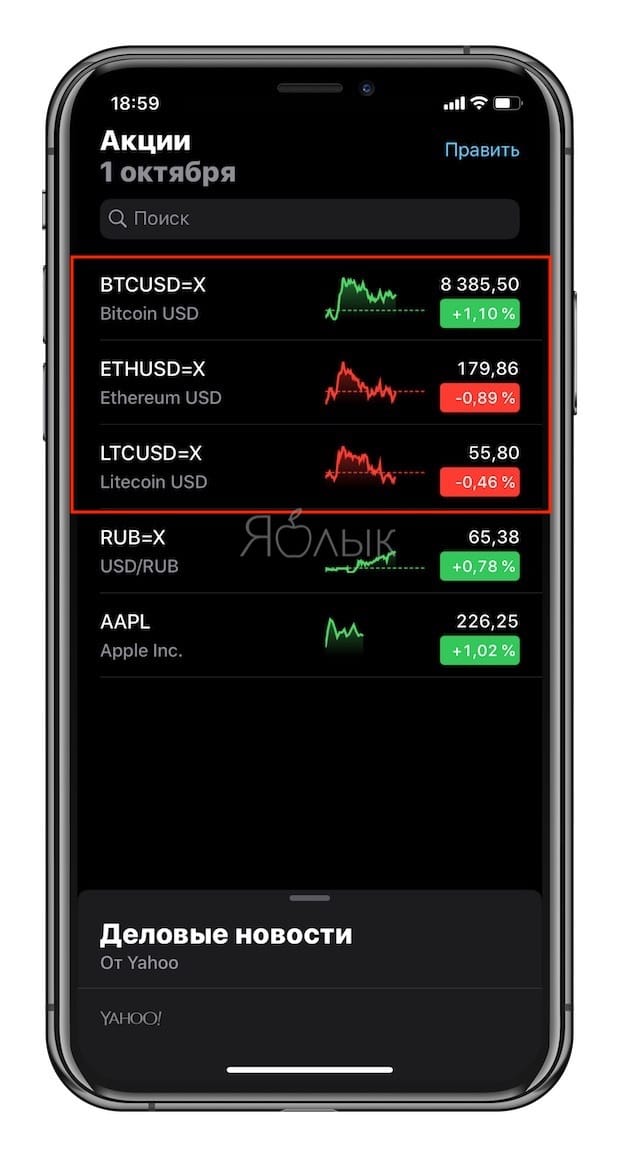 Как смотреть курсы Bitcoin, Ethereum и Litecoin в приложении Акции на iPhone и iPad