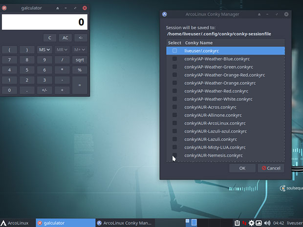  Рабочий стол ArcoLinux Xfce позволяет добавлять многочисленные экранные апплеты с помощью инструмента Conky Manager. 