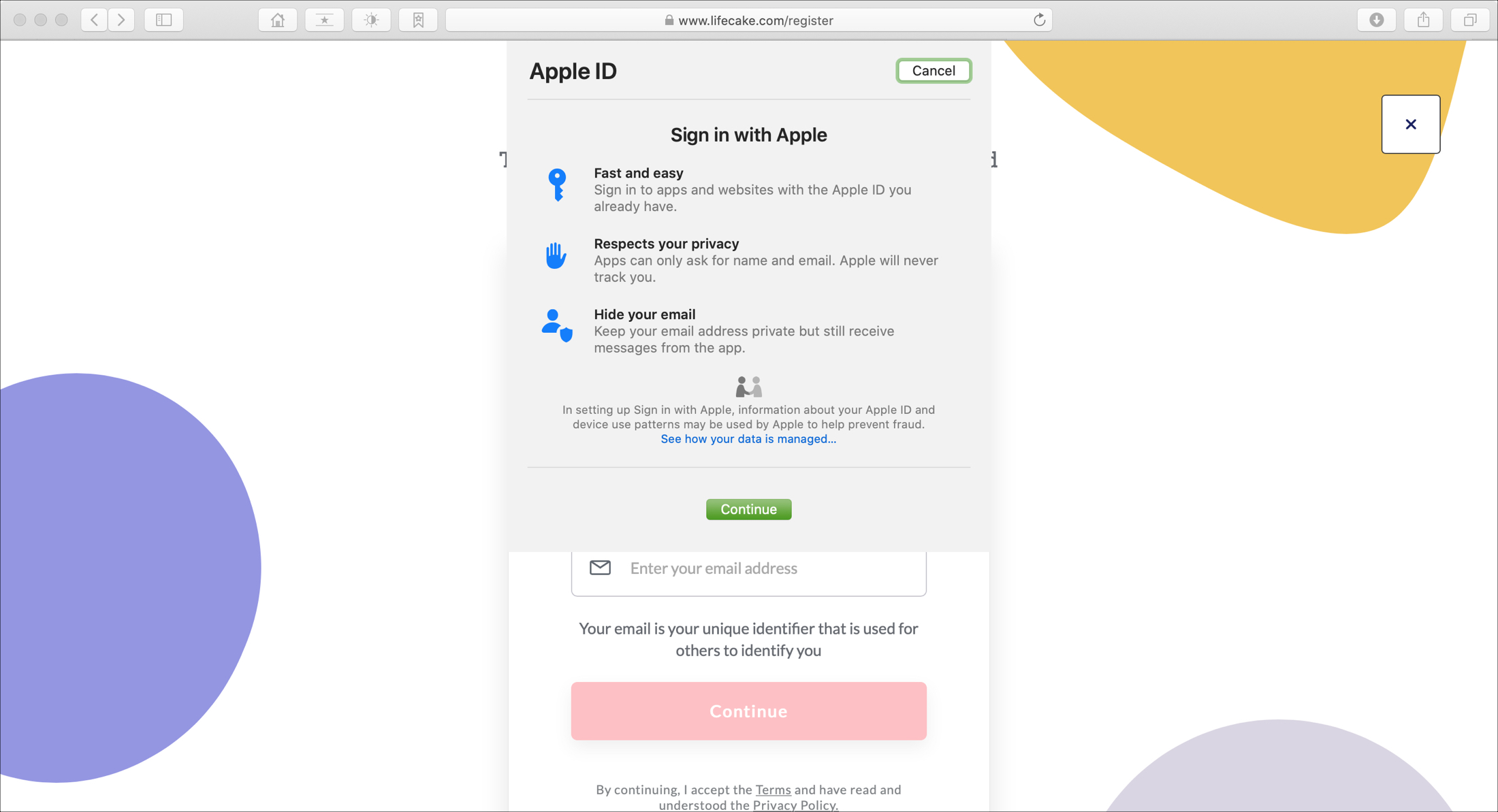 Lifecake-Sign-in-with-Apple-Safari