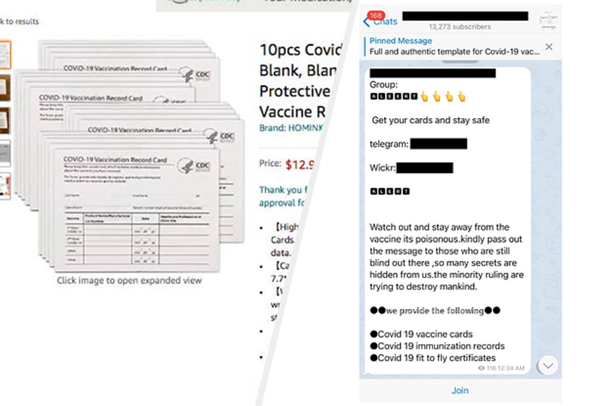<pre>Telegram и Amazon размещают продавцов поддельных карт вакцины