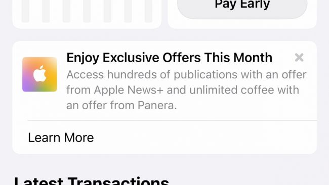 <pre>Apple продвигает эксклюзивные ежемесячные предложения Apple Card в приложении Wallet