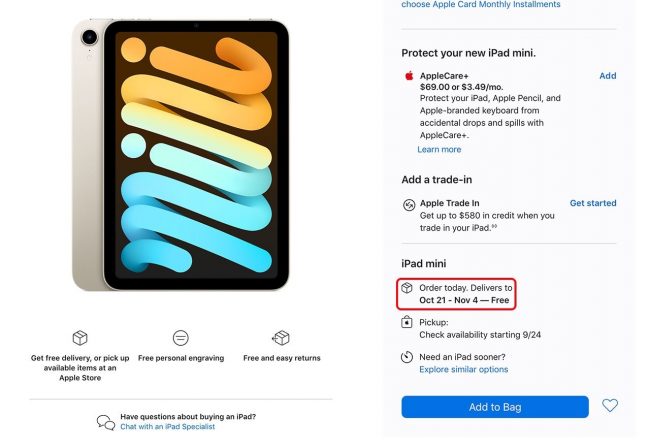 <pre>Сроки поставки iPad mini и iPhone 13 Pro в США перенесены на конец октября