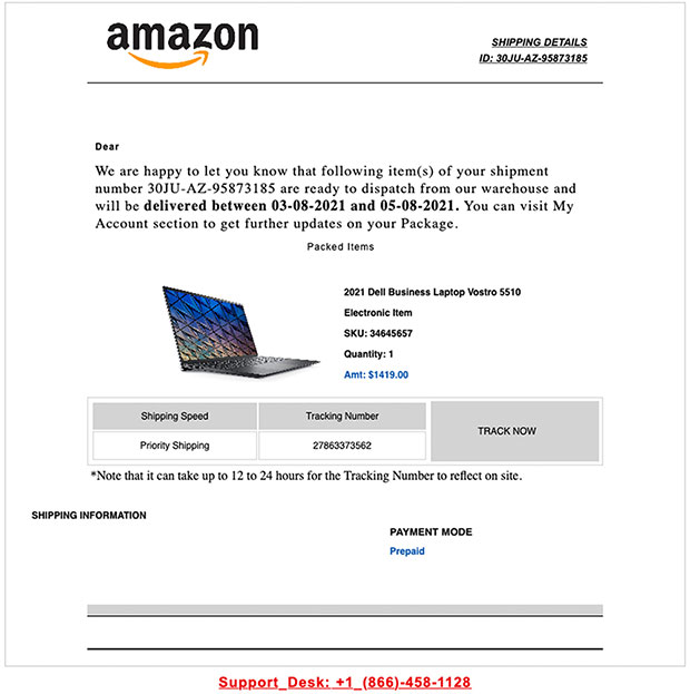  Пример поддельного электронного письма с уведомлением о доставке Amazon 