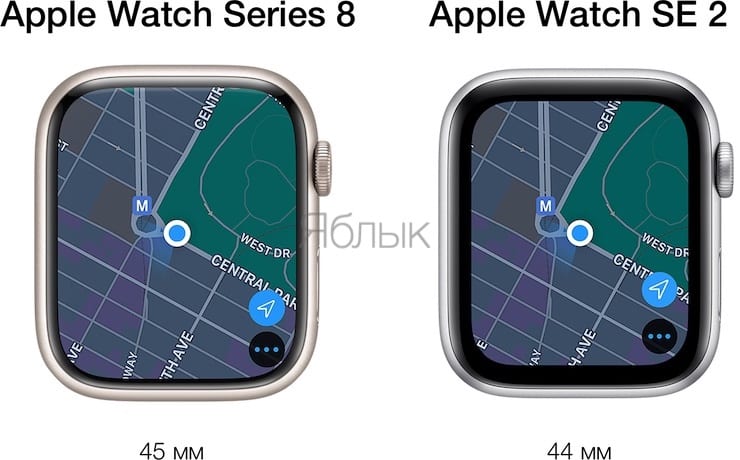 Сравнение размеров Apple Watch Series 8 и Apple Watch SE
