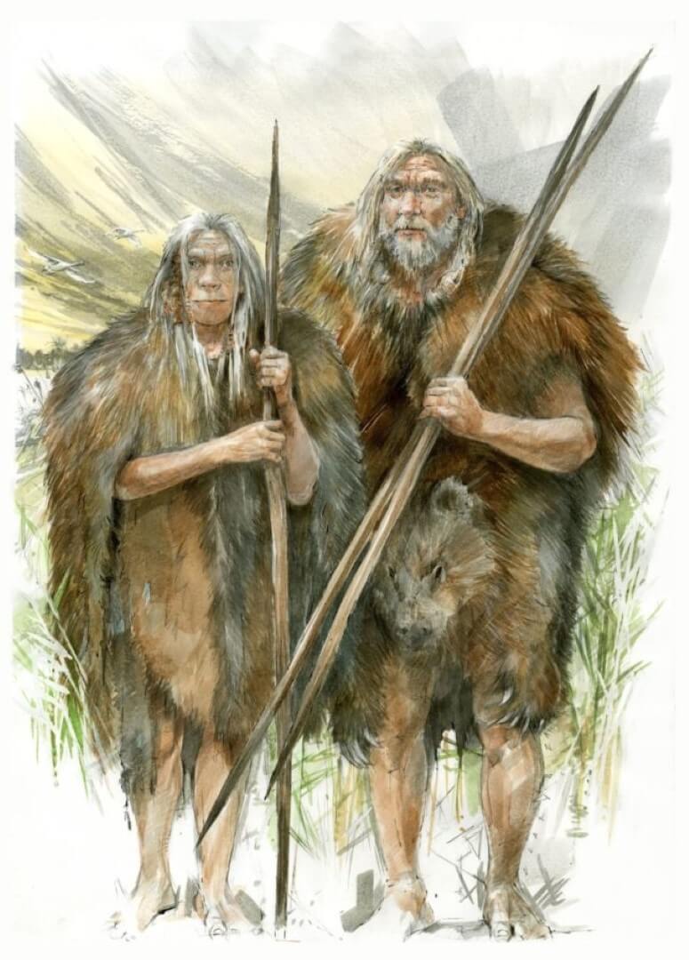 Одежда древних людей для спасения от холодов. Представители Homo heidelbergensis в одежде из медвежьих шкур. Фото.