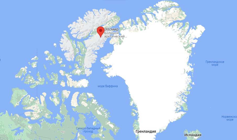 Какой был климат в Арктике в эпоху Эоцена. Остров Элсмир находится рядом с Гренландией. Фото.