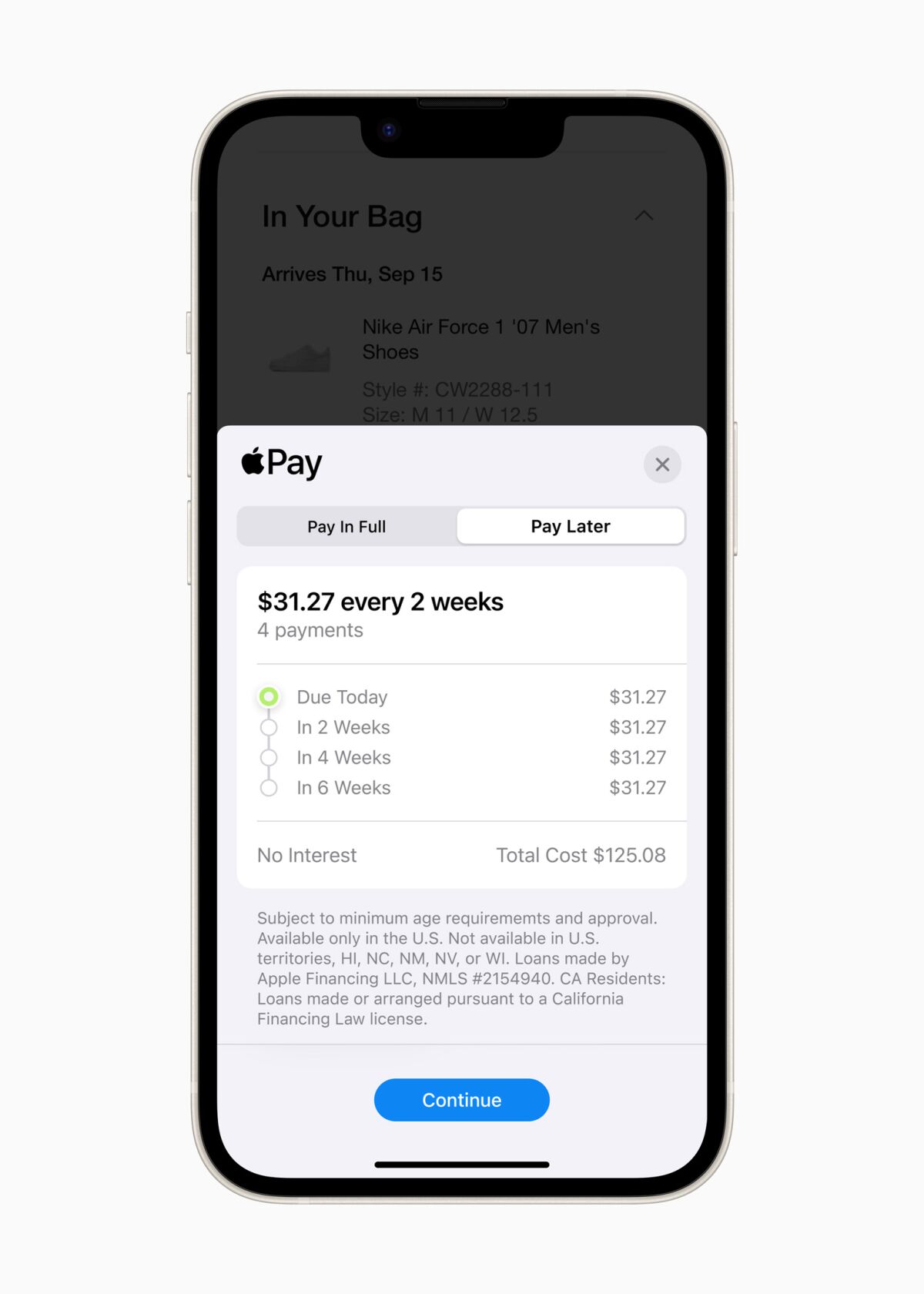 Изображение интерфейса оплаты Apple Pay Later на экране iPhone.