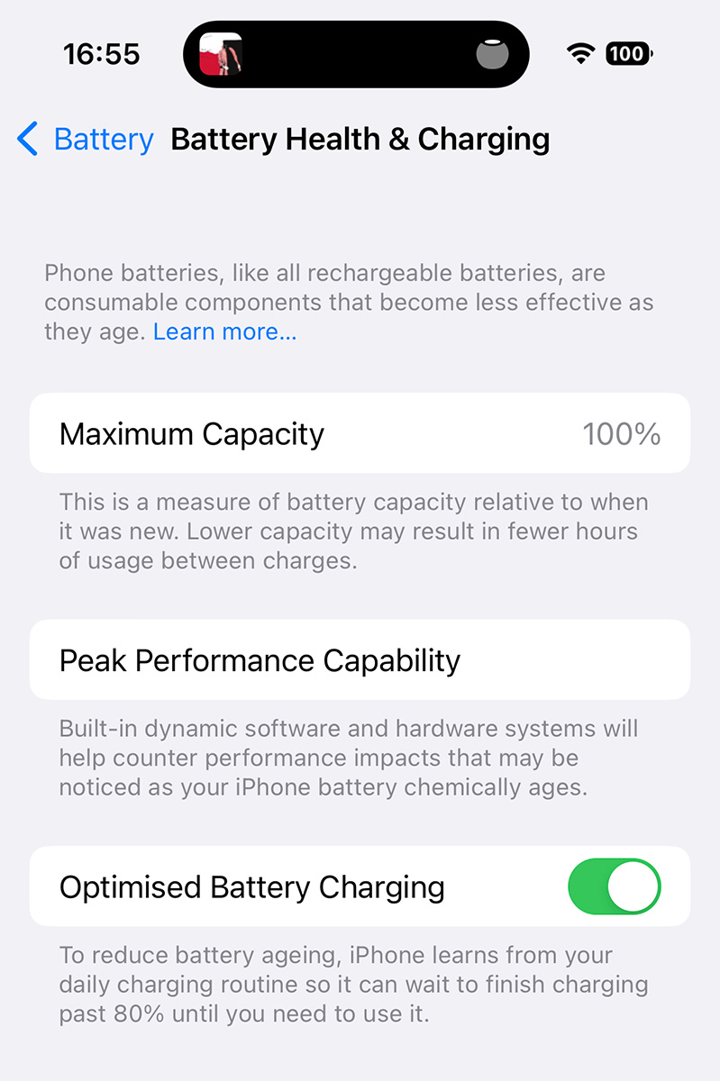 Состояние батареи iPhone в настройках