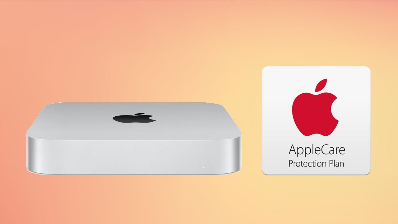Получите 3 года AppleCare всего за 79 долларов с купоном APINSIDER |  Mac mini с логотипом AppleCare Plus на оранжевом градиентном фоне