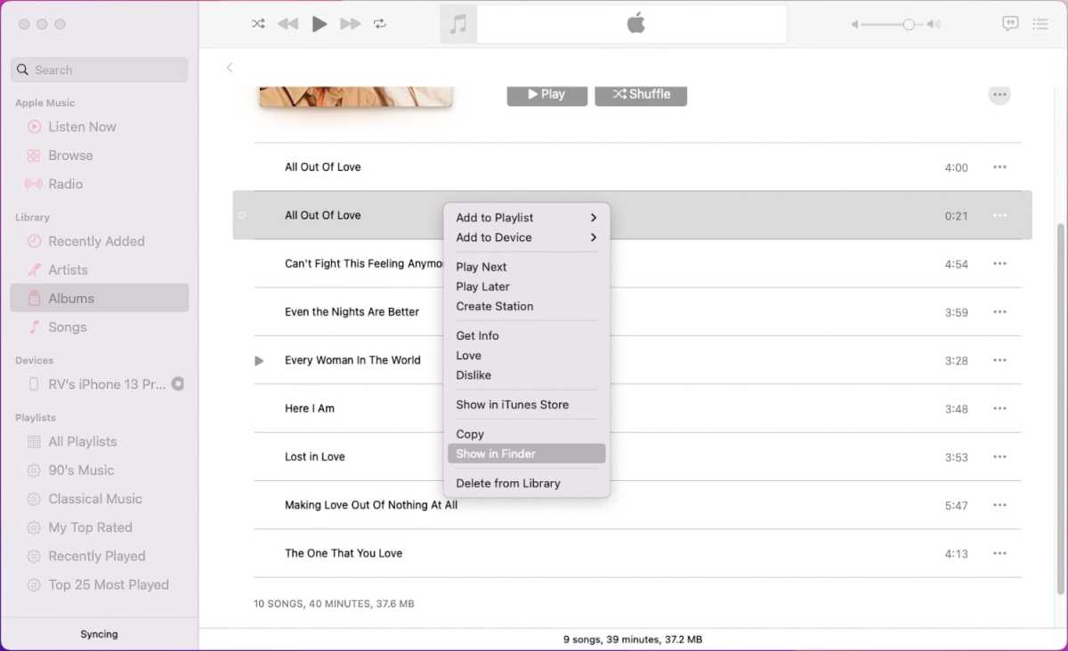 Apple Music показывает в Finder