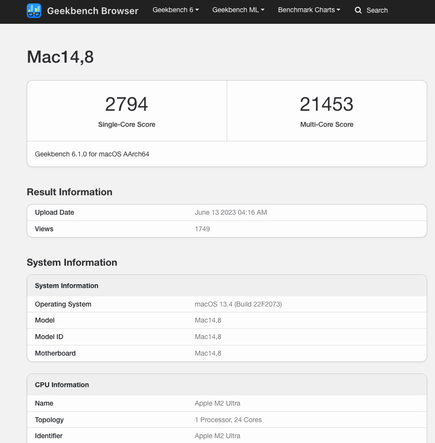 Mac Pro 2023 (M2 Ultra) — 6 баллов в Geekbench