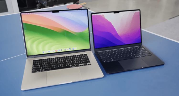 Сравнение MacBook Air 13″ и MacBook Air 15″. Посмотрите, насколько большая разница в габаритах дисплея 13- и 15-дюймового MacBook Air. Фото.