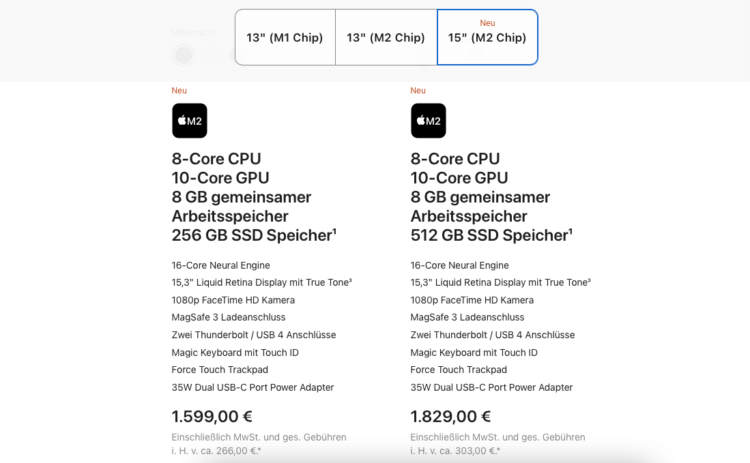 Что лучше: MacBook Air 15″ или MacBook Pro 13″. В Германии новый MacBook Air 15″ в базовой версии стоит 1599 евро. Курс пересчитаете сами. Фото.