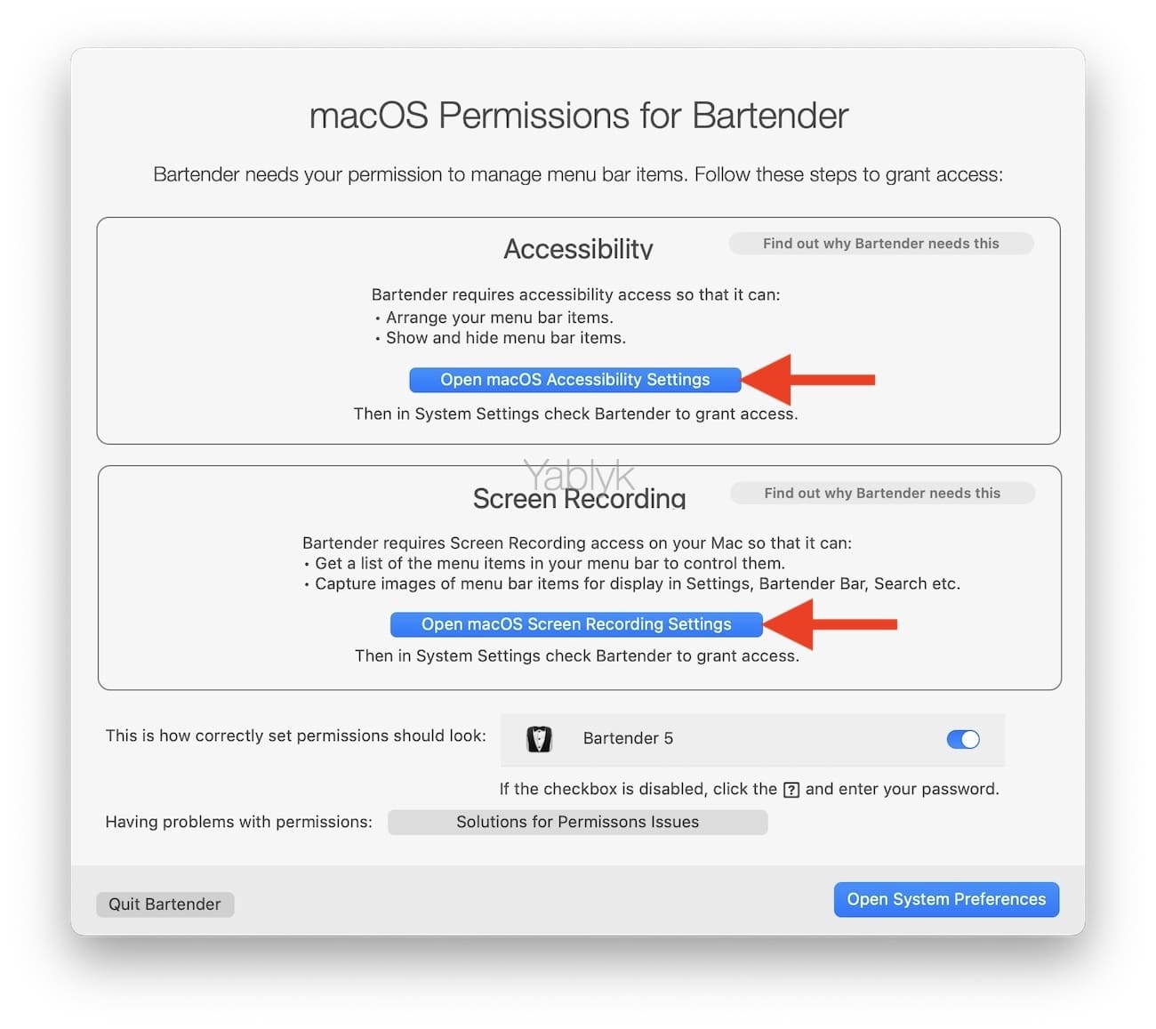 Первый запуск Bartender - настройка доступа к macOS