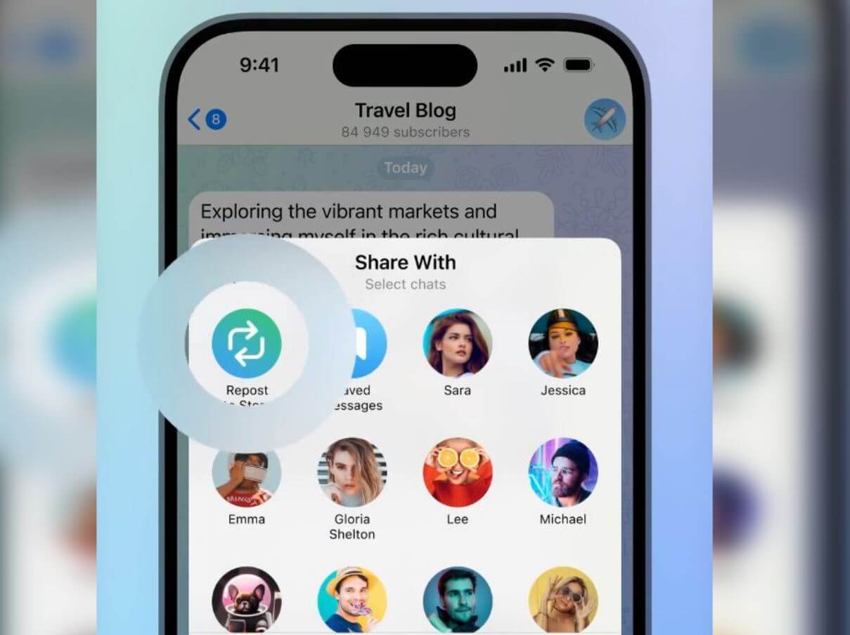 Что нового в Телеграм. Появилась возможность репостить записи каналов к себе в сторис Телеграм. Фото.