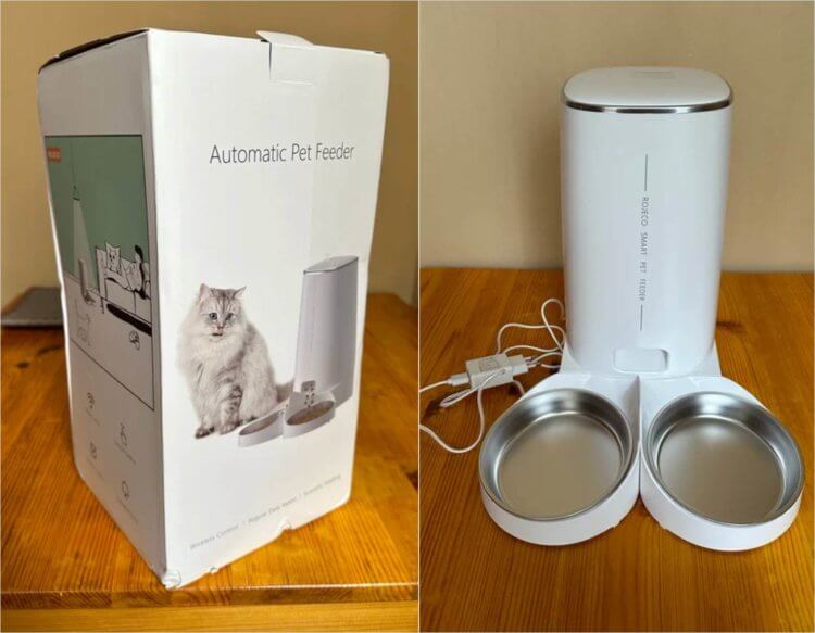 Автоматическая кормушка для домашних животных. Кормушку можно использовать для кормления сразу двух животных. Фото.