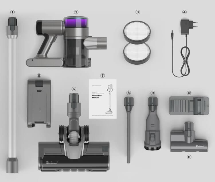 Какой вертикальный пылесос лучше. В комплекте с Redroad X17 идет все самое необходимое. Изображение: aliexpress.ru. Фото.