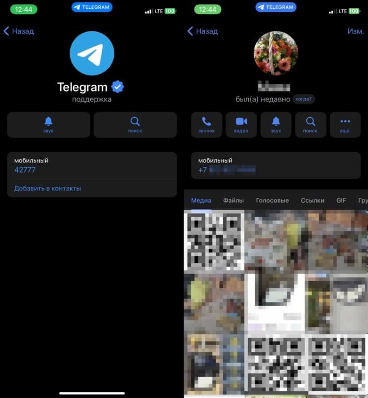 Черный список в Телеграме. Сравните, как выглядит обычная учетка и аккаунт поддержки Телеграм. Фото.