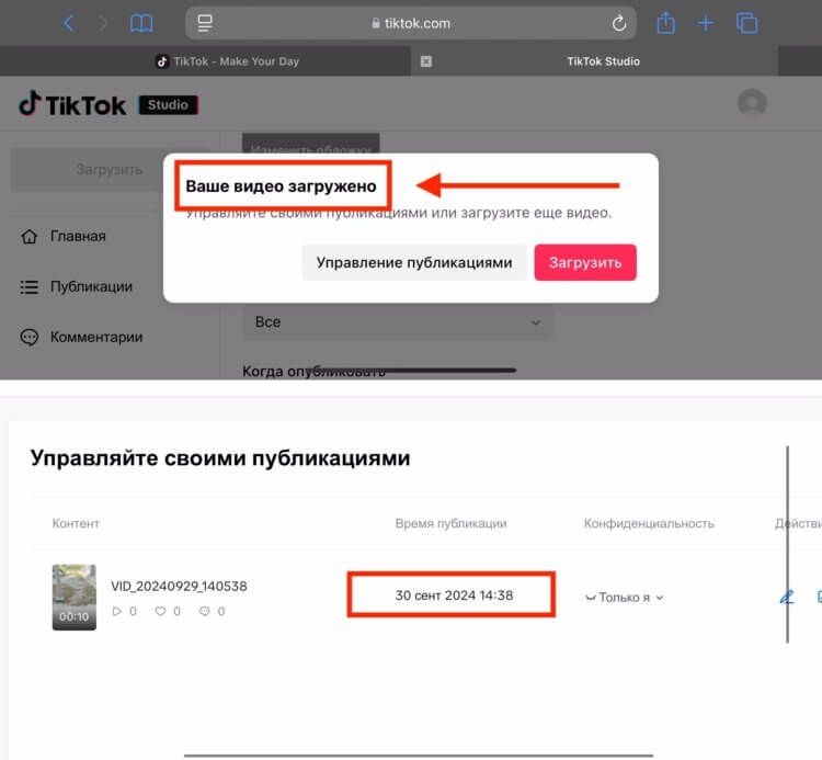 Выкладывать видео в Тик Ток в России. Убедиться, что видео загружено успешно, можно в управлении публикациями и там же настроить тех, кто может ее видеть. Фото.