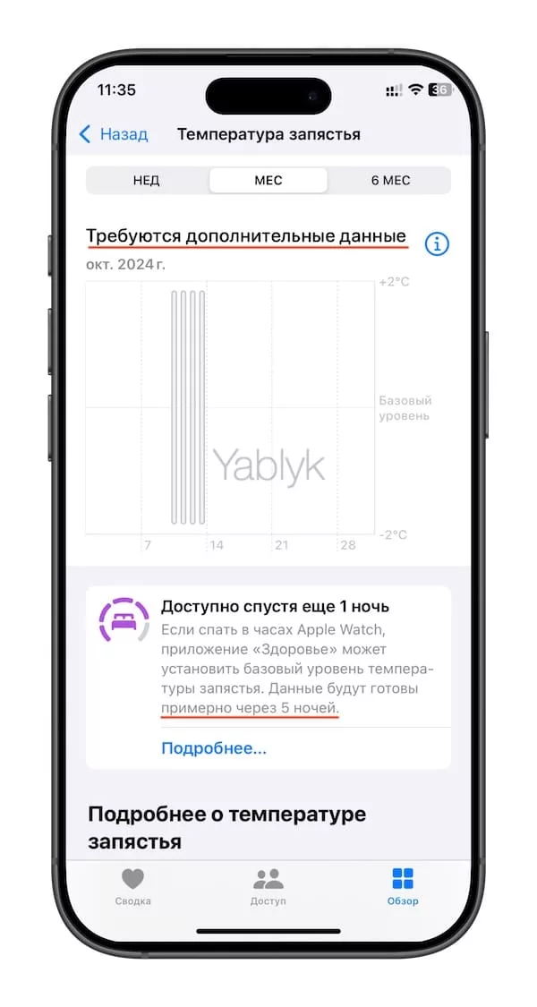 Где смотреть данные о температуре запястья на iPhone?