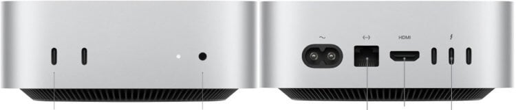 Разъемы в Mac mini M4. Каждая из версий Mac mini 2024 имеет два порта USB-C на передней панели. Изображение: 9to5mac.com. Фото.