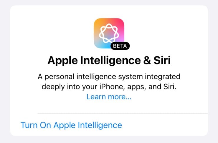 Как включить Apple Intelligence на iPhone. Как только ваша очередь подойдет, появится кнопка для включения ИИ на Айфоне. Изображение: 9to5mac.com. Фото.