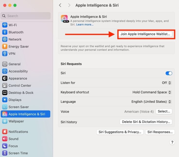 Как включить нейросеть Apple Intelligence. Встаньте в лист ожидания. Фото.