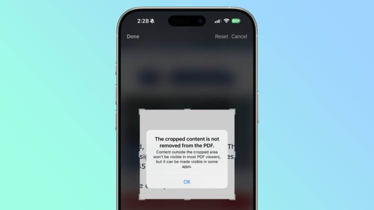 Что нового в iOS 18.3 beta 3. Предупреждение, что обрезка PDF не приведет к удалению обрезанной части. Изображение: macrumors.com. Фото.