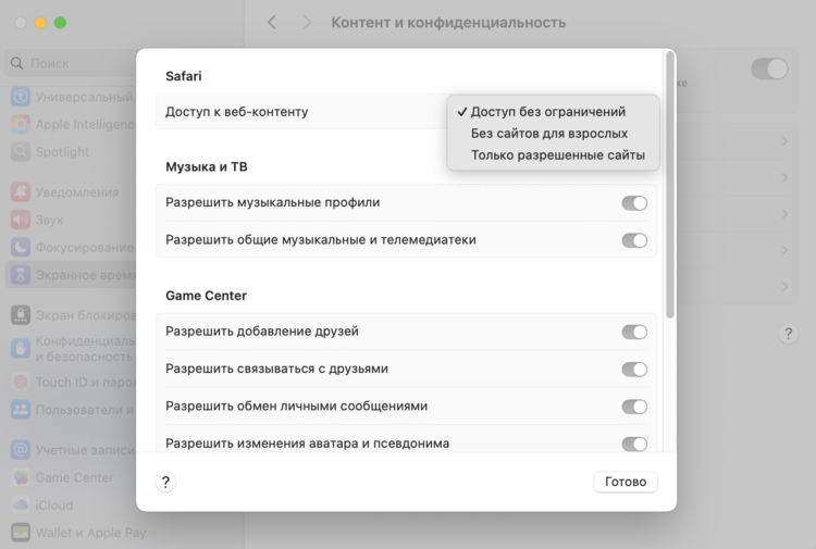 Настройка экранного времени. Здесь можно ограничить доступ к определенным приложениям и сайтам для взрослых. Фото.