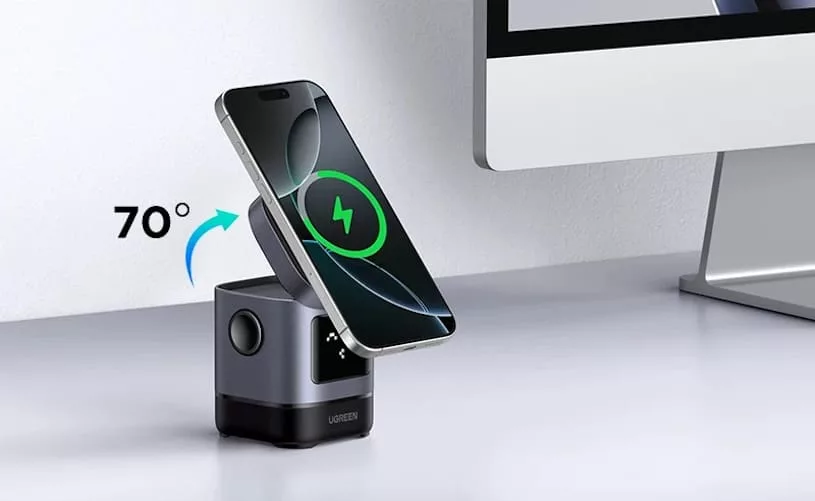 ugreen uno 2 in 1 qi2 magnetic wireless charging station 15w - наклон