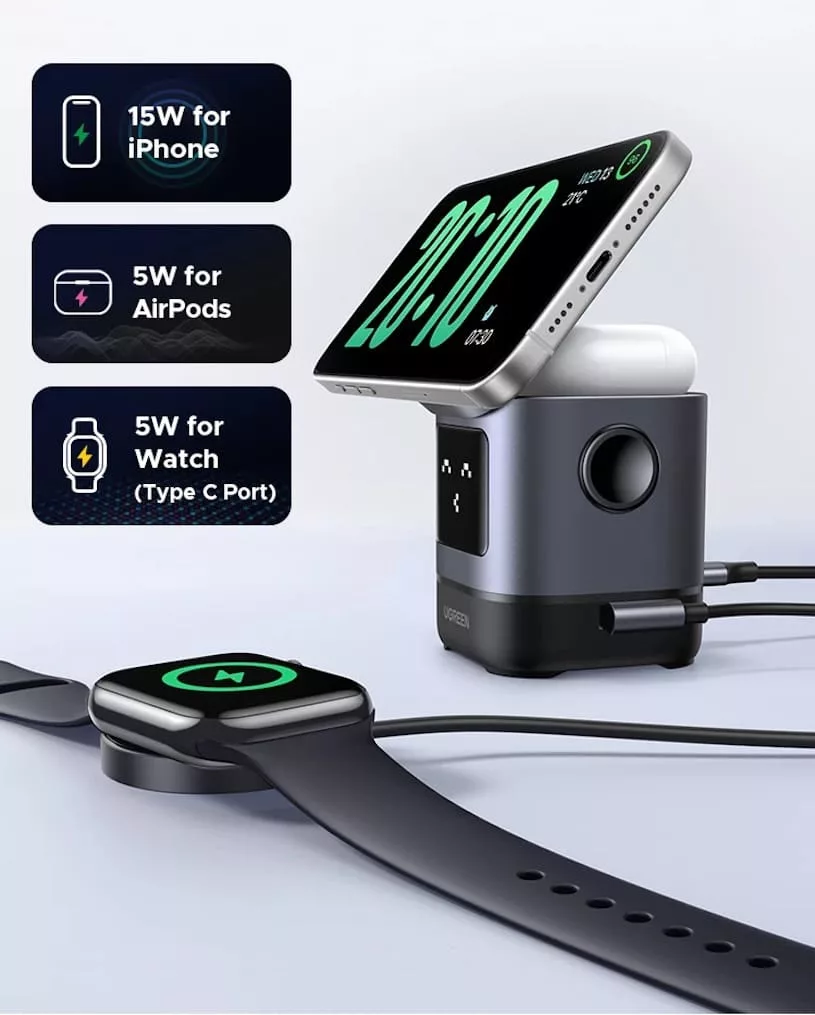 ugreen uno 2 in 1 qi2 magnetic wireless charging station 15w - зарядка iPhone, Apple Watch и AirPods