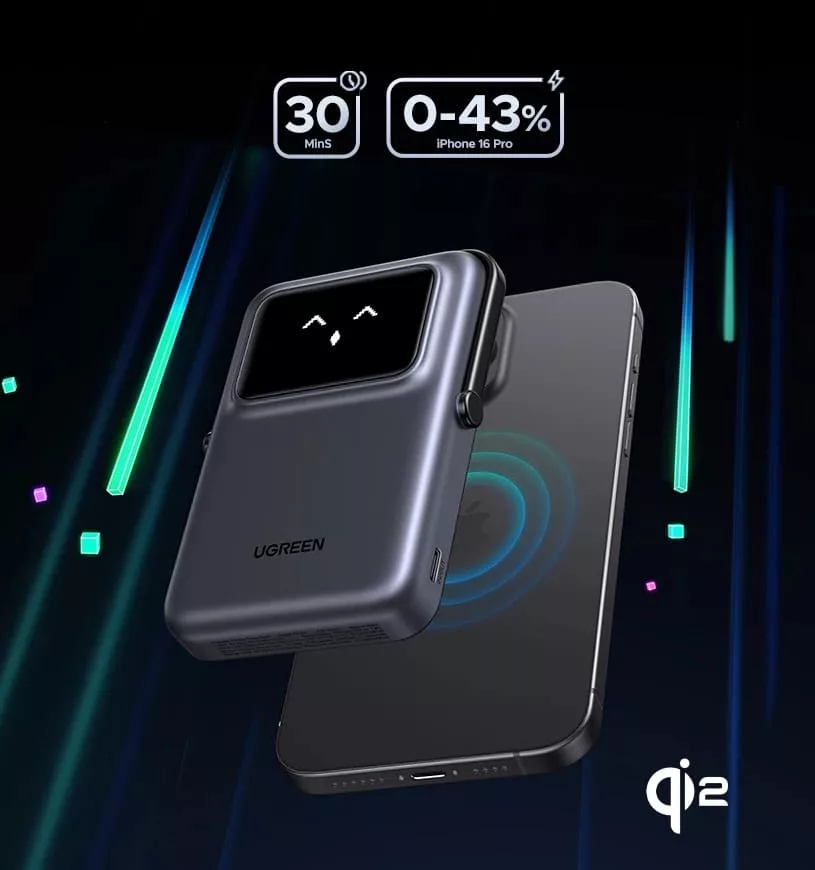 быстрый беспроводной повербанк UGREEN Uno Qi2 Magnetic Wireless Power Bank 10 000 мАч - скорость зарядки