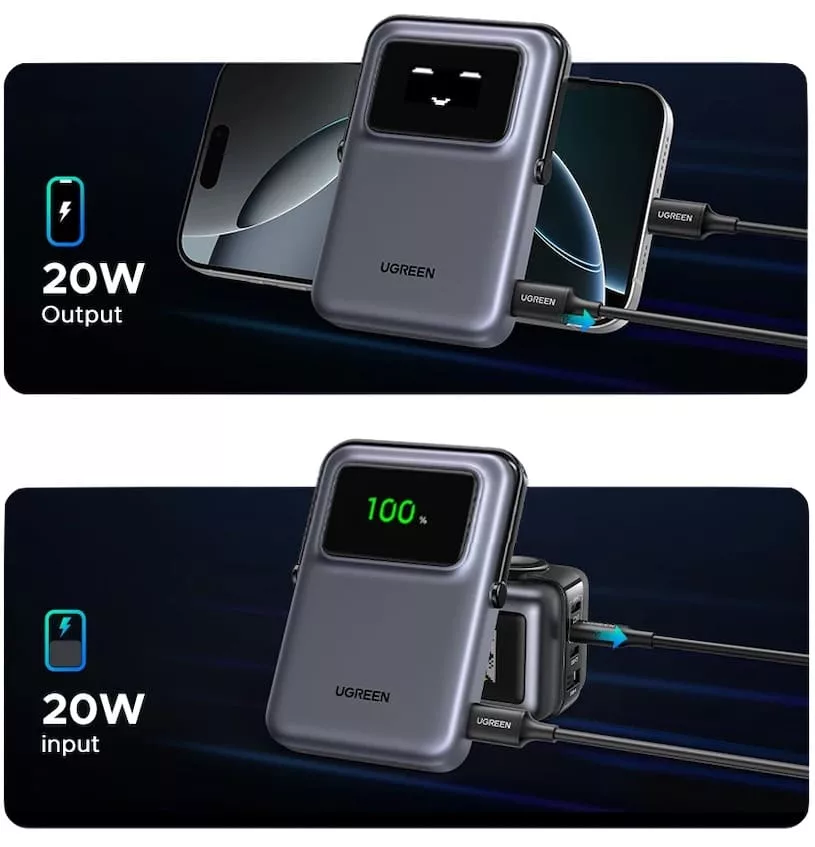 быстрый беспроводной повербанк UGREEN Uno Qi2 Magnetic Wireless Power Bank 10 000 мАч - проводная зарядка