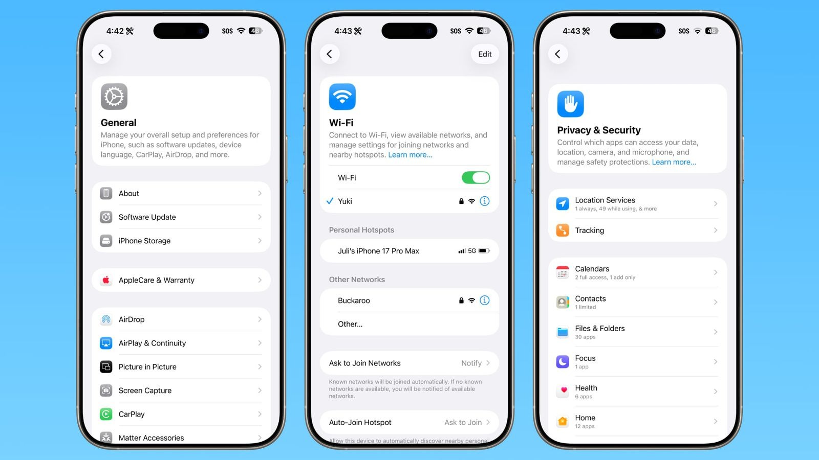 Новые функции в iOS 26.1. Выравнивание описаний разделов сделали не по центру. Изображение: macrumors.com. Фото.