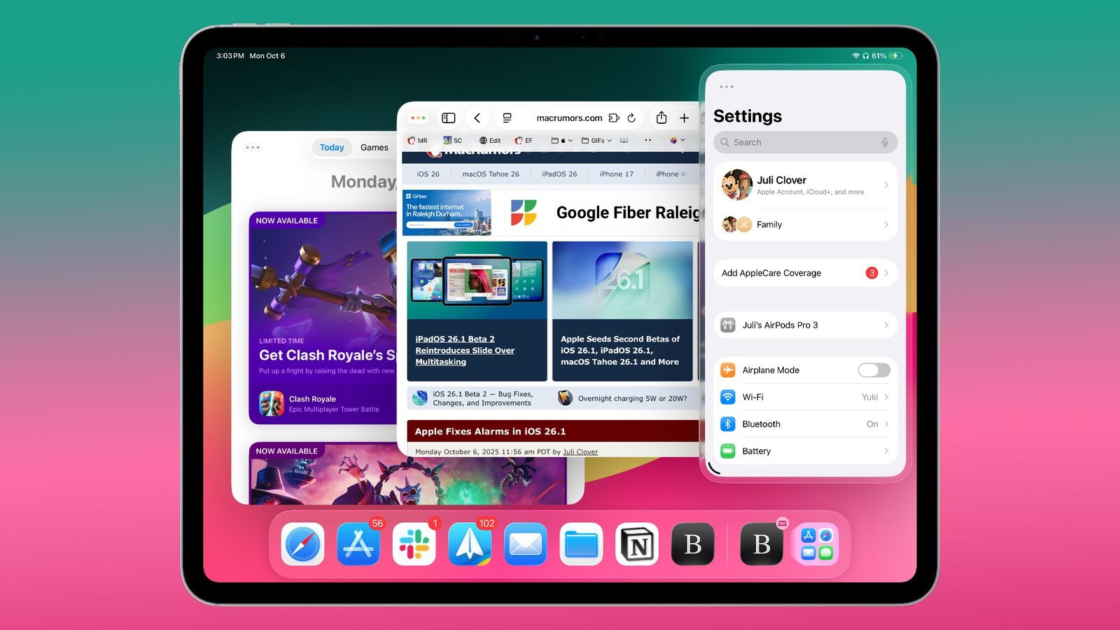 Новые функции в iOS 26.1. Slide Over вернули на iPad. Изображение: macrumors.com. Фото.