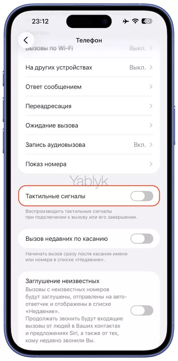 Настройки приложения Телефон в iOS