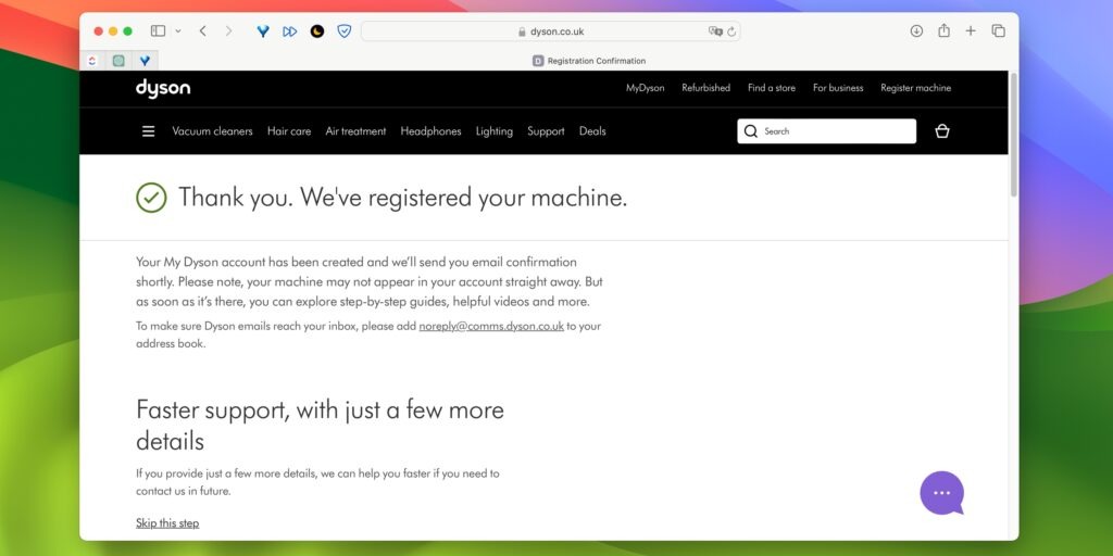 Проверить Дайсон по серийному номеру. Вот такое сообщение вы получите при успешной регистрации вашей техники на сайте. Изображение: lifehacker.ru. Фото.