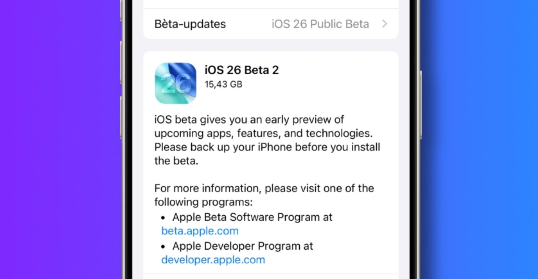 Как скачать iOS 26.2 до релиза. В настройках Айфона уже можно найти новую Public Beta. Фото.