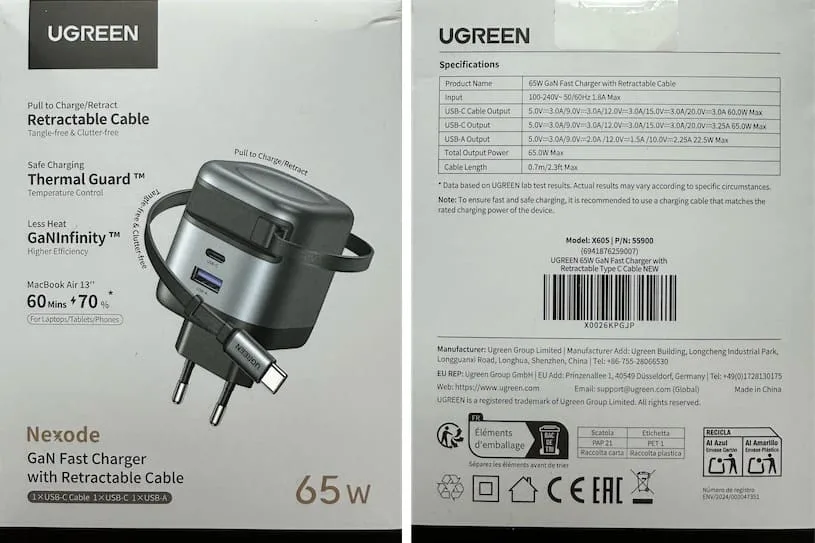 UGREEN 65 Вт GaN с выдвижным кабелем USB C (X605)