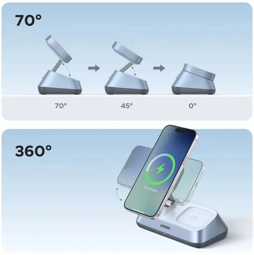 Наклон площадки беспроводной зарядной станции Ugreen Qi2 25 Вт MagFlow 3-in-1 (W711)