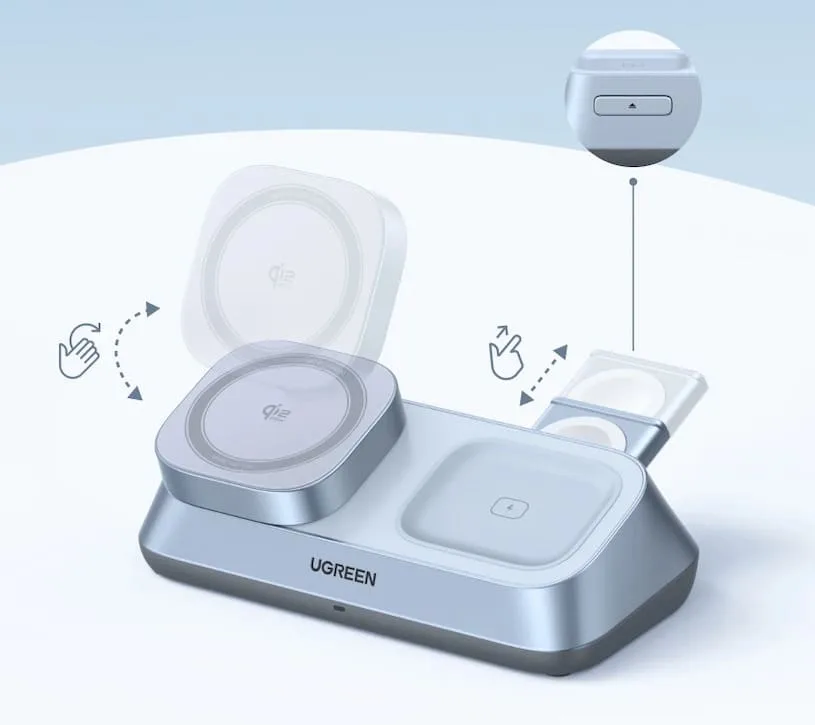 Наклон площадки беспроводной зарядной станции Ugreen Qi2 25 Вт MagFlow 3-in-1 (W711)