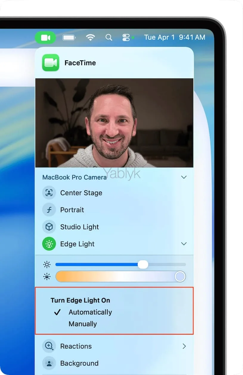 Как на экране Mac включить кольцевую подсветку лица для видеозвонков