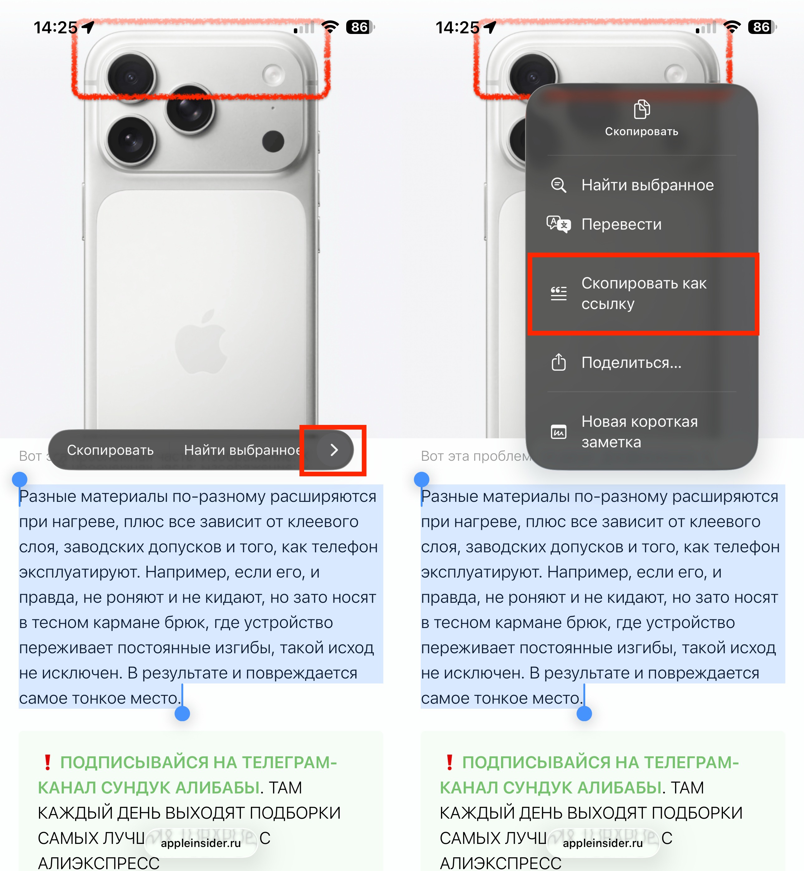 Удобная функция Safari на Mac и iPhone: как отправить ссылку не на всю статью, а на выделенный текст. С помощью этой кнопки будет сформирована ссылка на выбранный фрагмент. Фото.