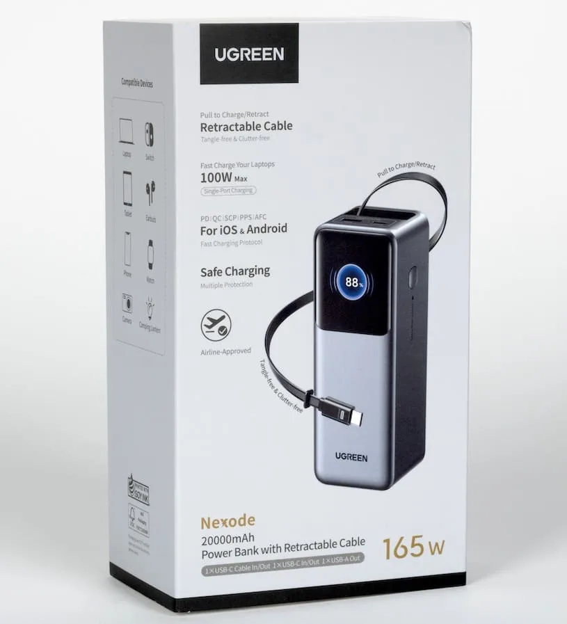 Обзор повербанка Ugreen Nexode 20 000 мАч с выдвижным кабелем, 165 Вт (PB726) - коробка